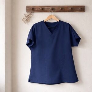 Mandala Scrub Top Women Large Navy Blue Equa-Tek V-Neck Pleated Back Excellent